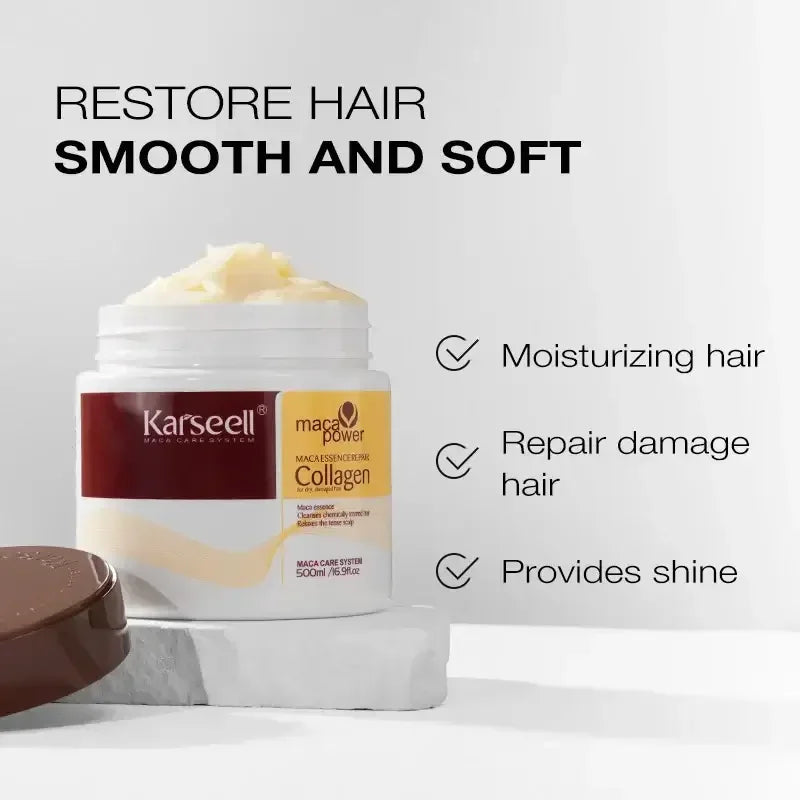 Karseell Maca Collagen hair cream jar with claims of moisturizing, repairing damage, and adding shine