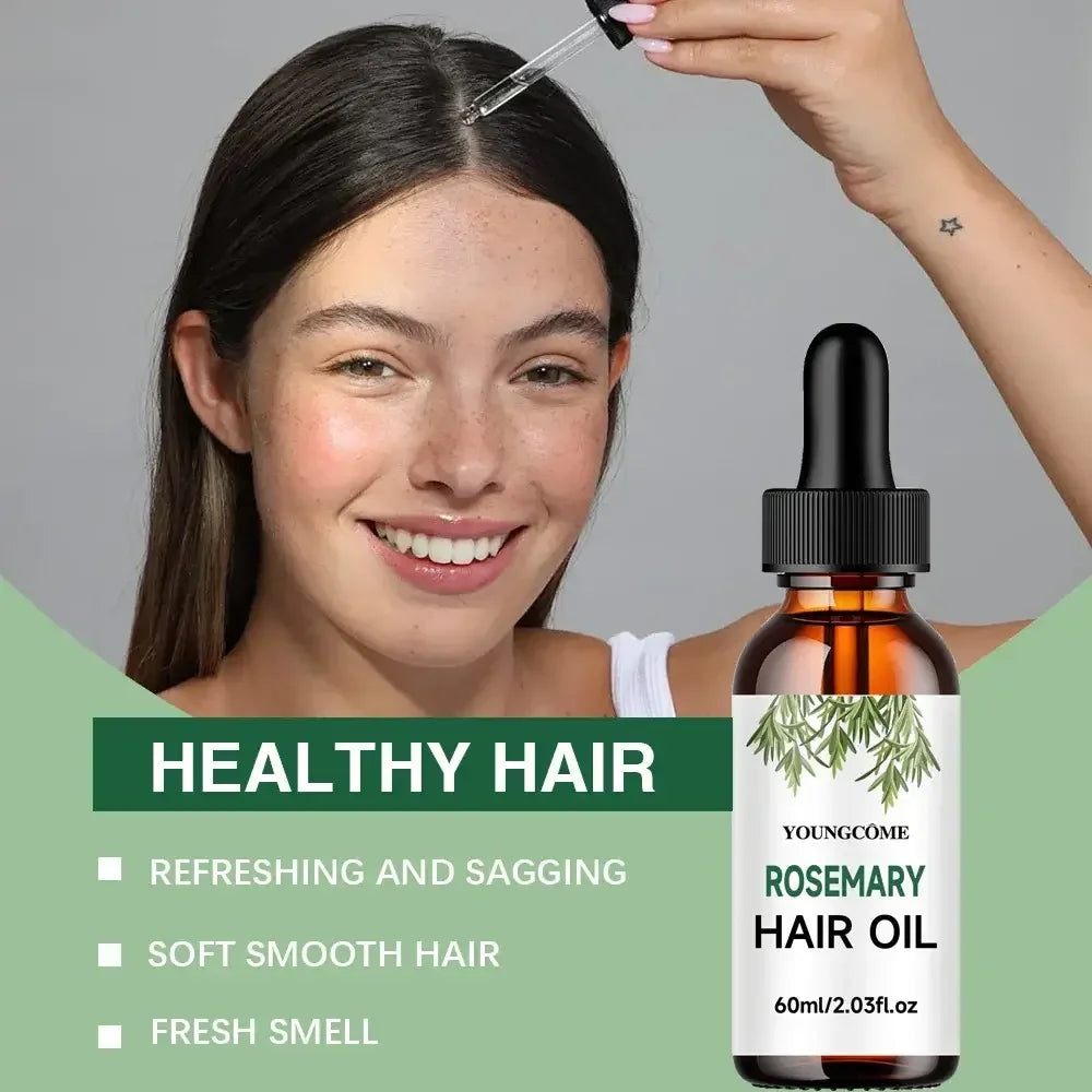 Smiling woman applying rosemary hair oil with dropper for healthy, soft, smooth hair and fresh scent