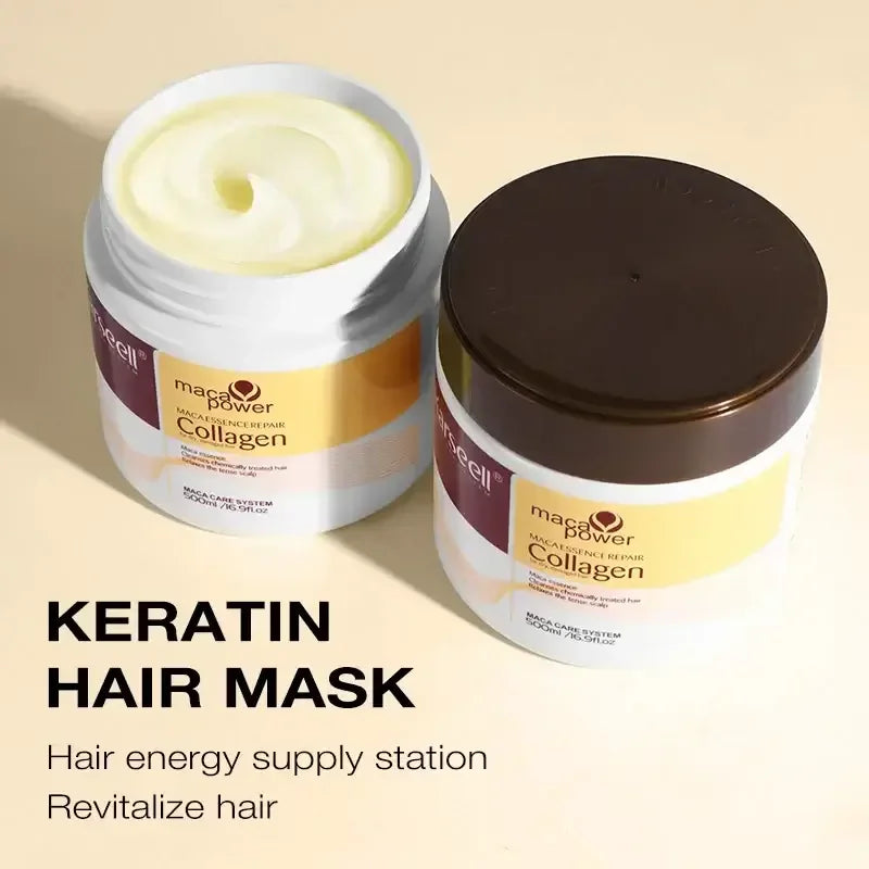Two jars of Maca Power Collagen Keratin Hair Mask for hair repair and revitalization