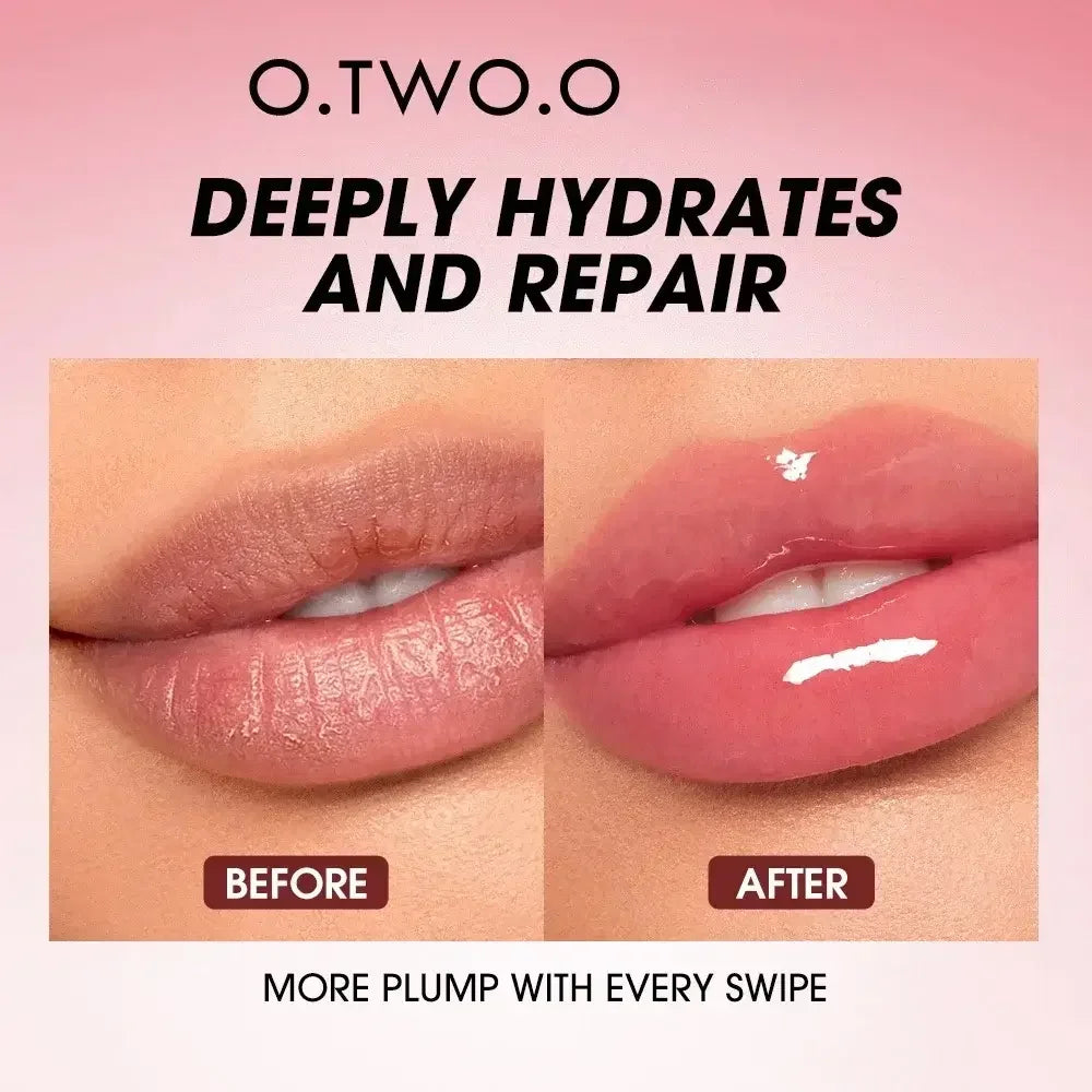 Before and after image showing dry lips transformed to deeply hydrated, plump glossy lips by O.TWO.O lip product