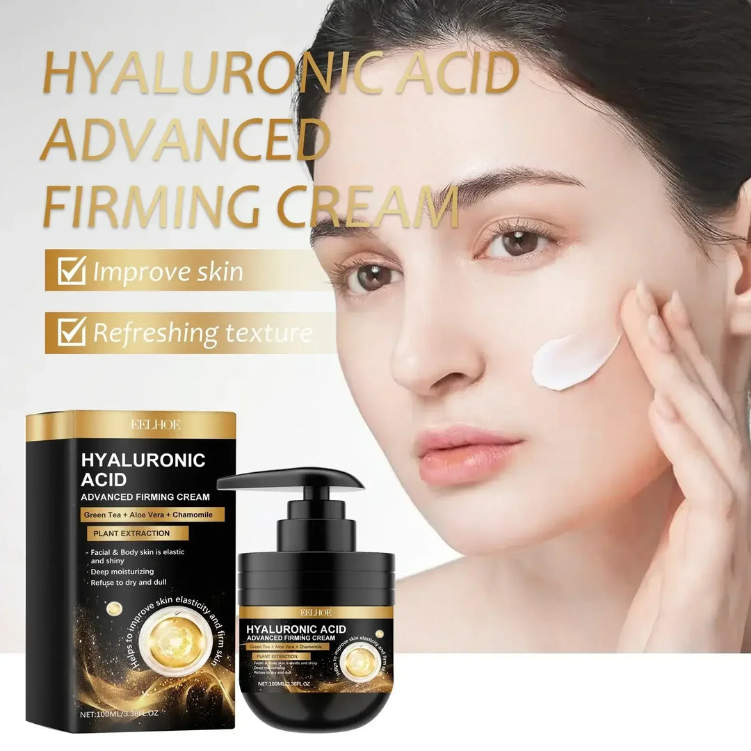 Woman applying hyaluronic acid advanced firming cream with green tea, aloe vera, and chamomile for skin elasticity