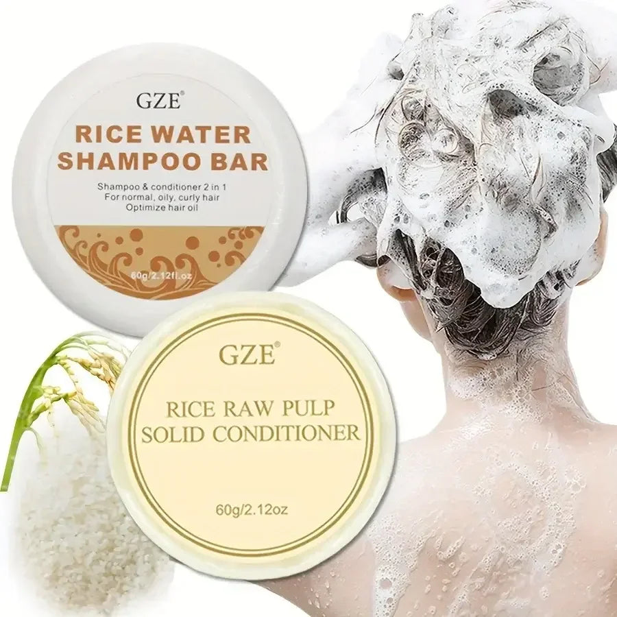 GZE Rice Water Shampoo Bar and Rice Raw Pulp Solid Conditioner with lathered hair and rice grains