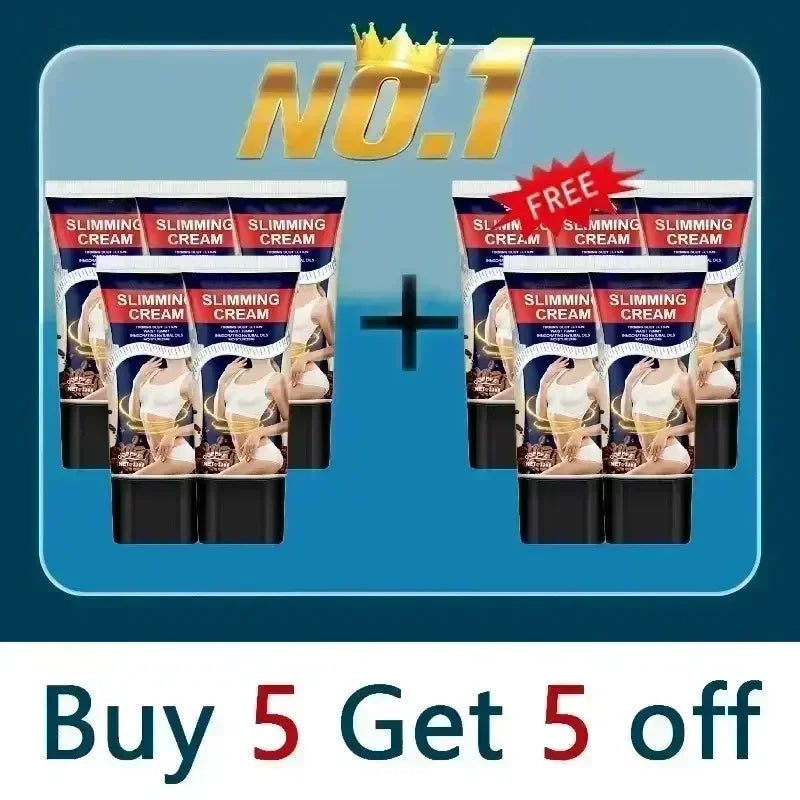 No.1 slimming cream promotion with buy 5 get 5 free offer, featuring tubes labeled slimming cream
