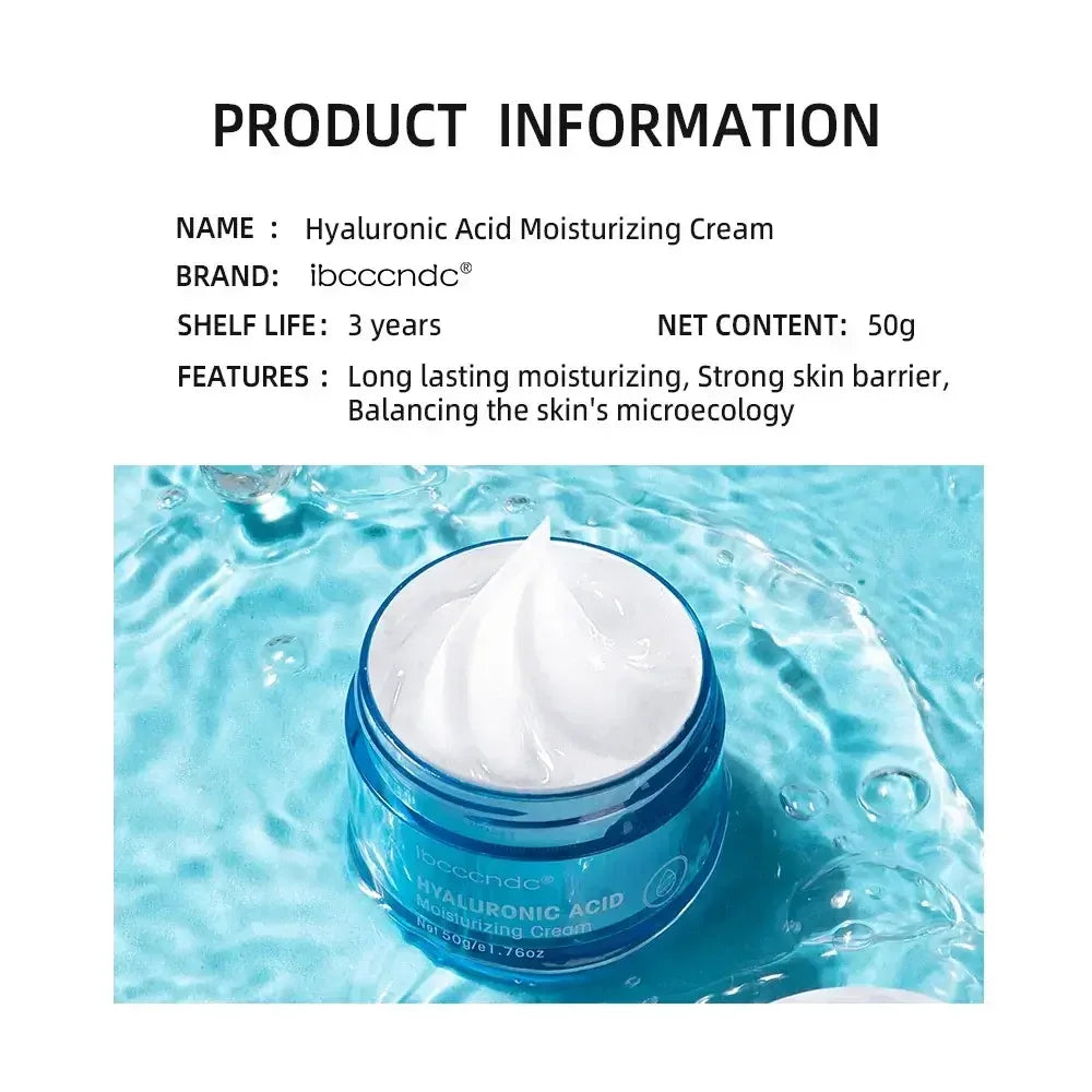 Hyaluronic Acid Moisturizing Cream in blue jar on water surface with product information text