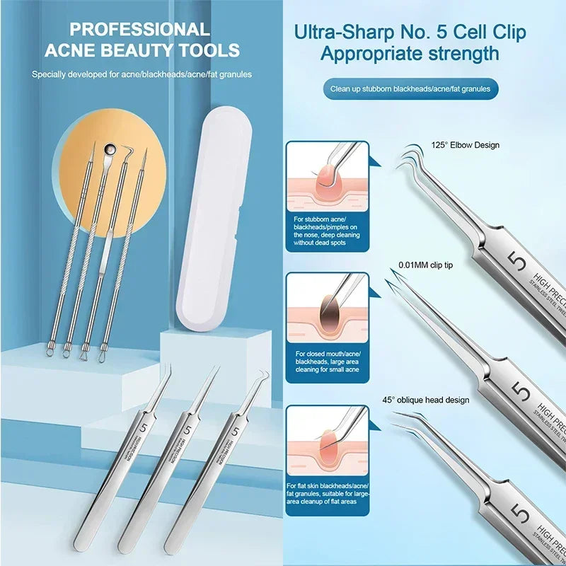 Professional stainless steel acne beauty tools set with ultra-sharp No.5 clip tips for blackheads and pimples