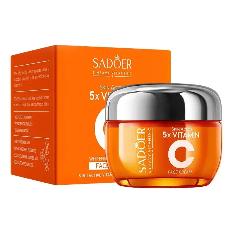 Sadoer 5x Vitamin C skin active face cream in orange jar with silver lid and matching orange box
