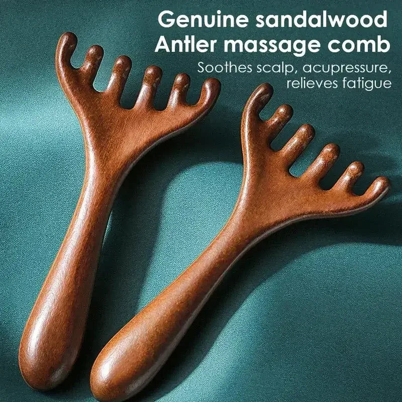 Genuine sandalwood antler massage combs on teal background, soothes scalp, acupressure, relieves fatigue