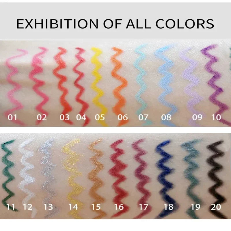Swatches of 20 colorful eyeliner shades on skin, labeled 01 to 20, showcasing vibrant and metallic colors