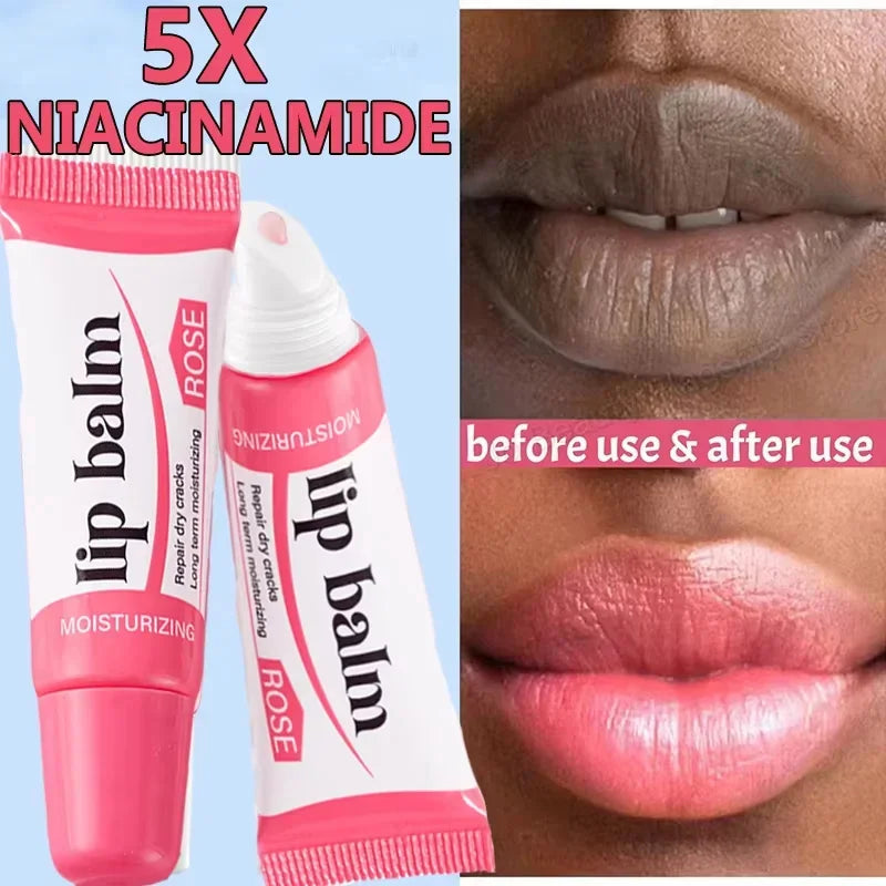 Rose moisturizing lip balm with 5X niacinamide and before after use on dry cracked lips