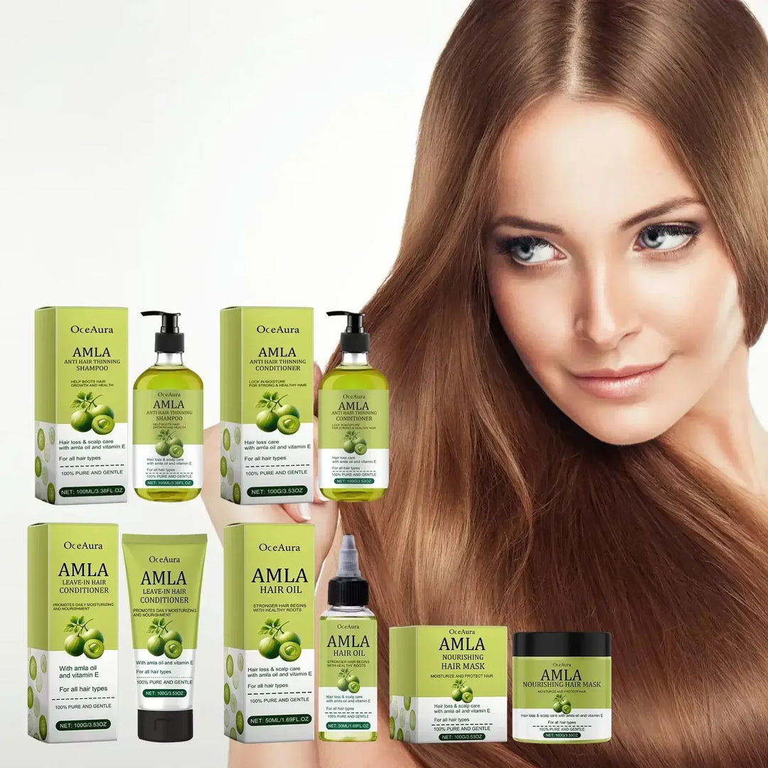 OceAura Amla hair care products with green packaging and a woman with long shiny brown hair