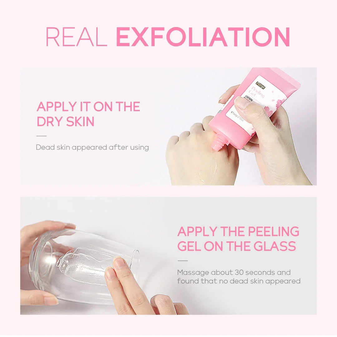 Pink exfoliating peeling gel applied on hand and glass to remove dead skin, showing real exfoliation process