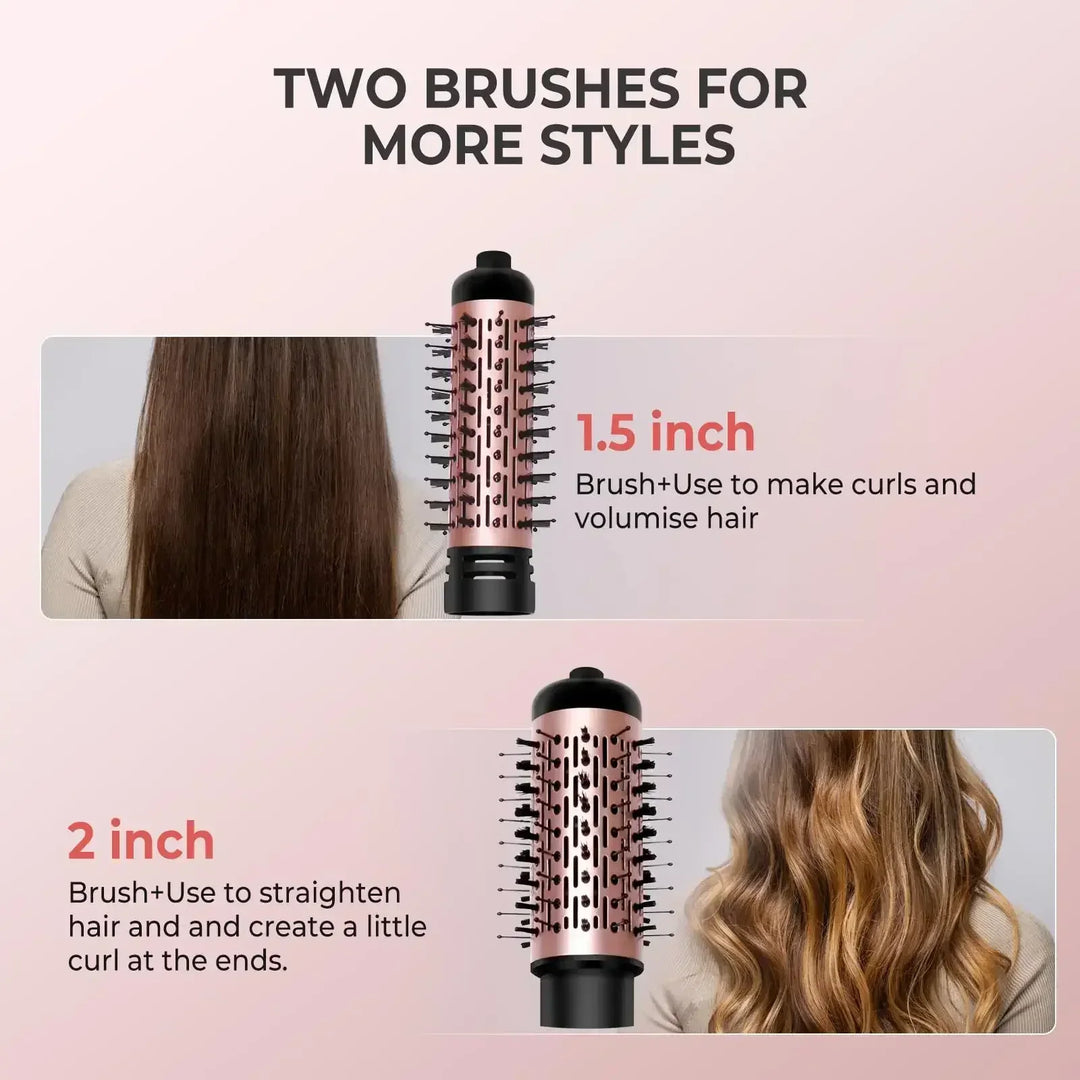 Two round hair brushes for styling: 1.5 inch for curls and volume, 2 inch for straightening and end curls