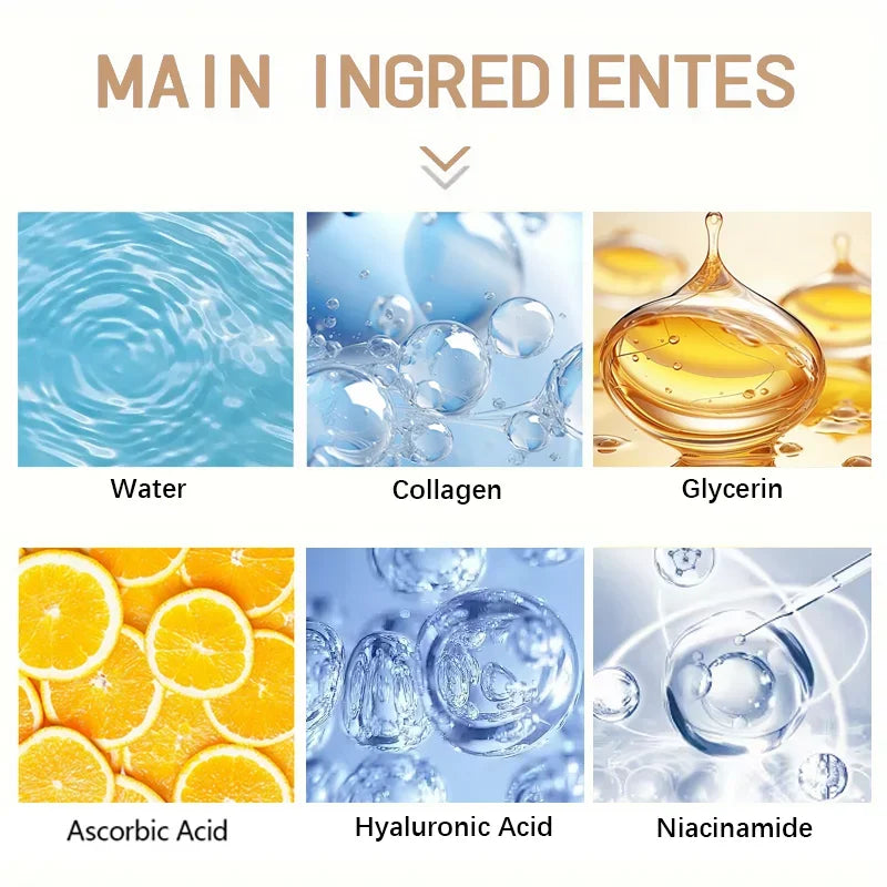 Main ingredients includes water, collagen, glycerin, ascorbic acid, hyaluronic acid, and niacinamide in skincare formula
