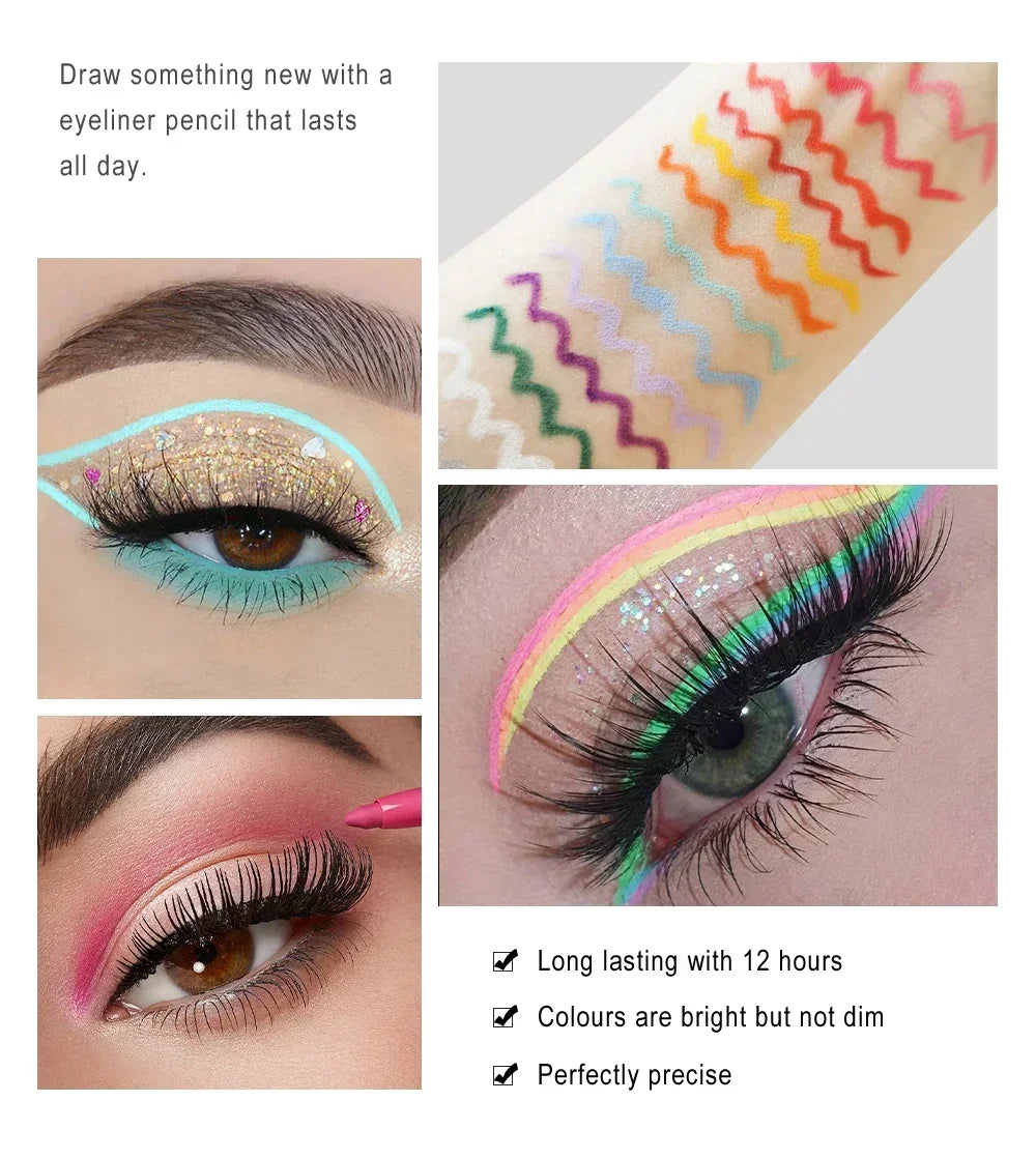 Colorful eyeliner pencil swatches on arm and creative eye makeup looks with bright, precise lines and glitter