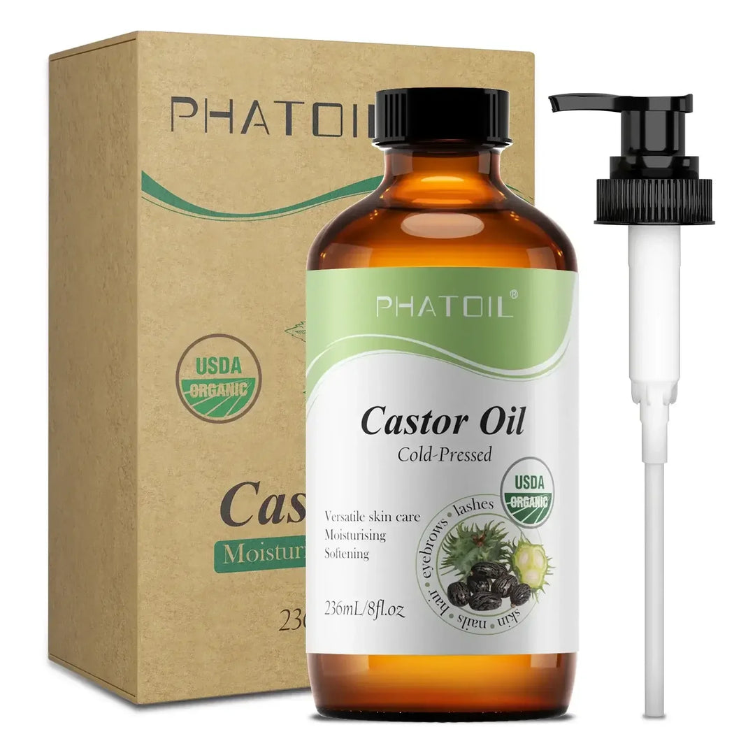 Phatoil USDA organic cold-pressed castor oil 236ml bottle with pump and eco-friendly box