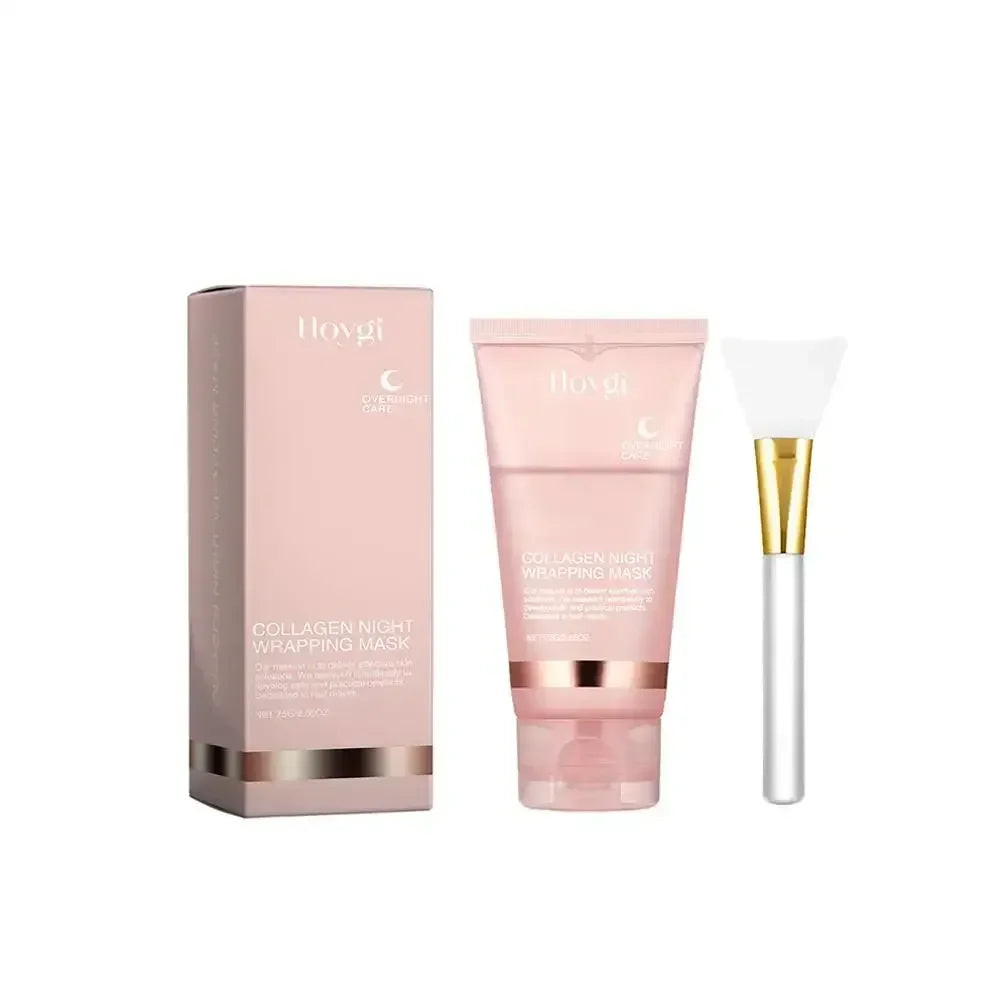 Flogi Collagen Night Wrapping Mask with pink box, tube, and white applicator brush