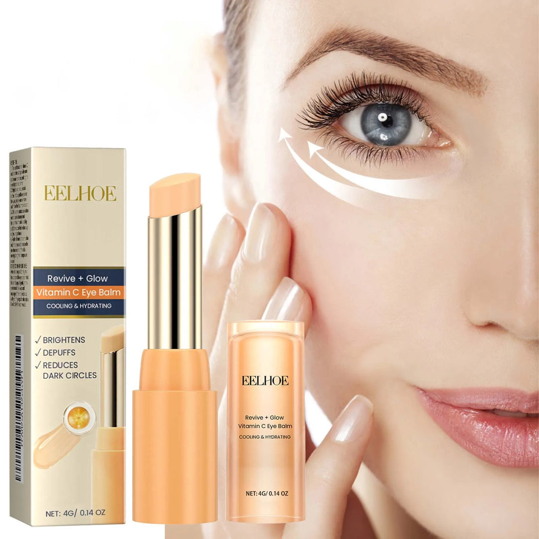 EELHOE Vitamin C Eye Balm stick with packaging, shown next to a woman's eye with skincare application arrows