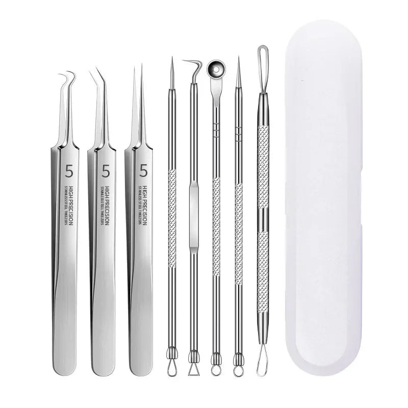 Stainless steel high precision blackhead remover and tweezers set with white carrying case