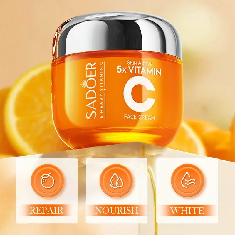 Sadoer 5x Vitamin C skin active face cream jar with orange background and repair, nourish, white icons