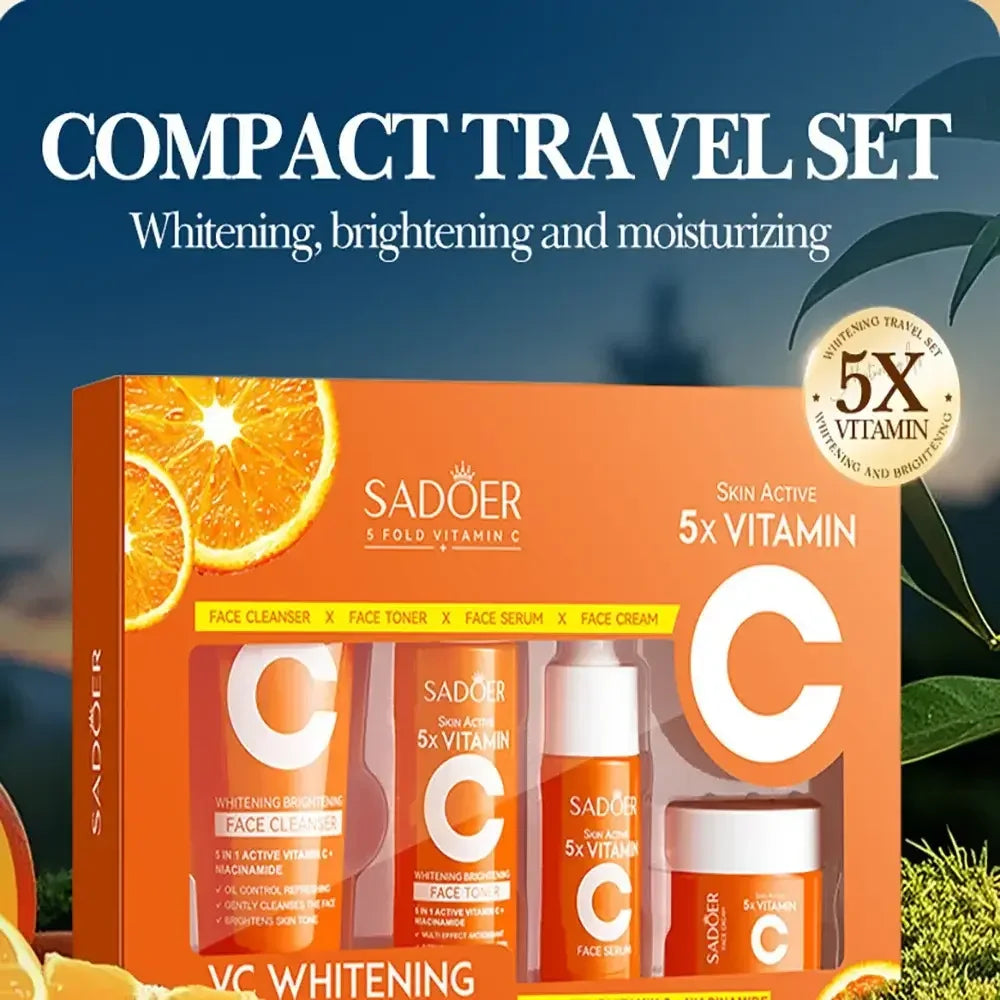 Sadoer compact travel set of Vitamin C skincare with face cleanser, toner, serum, and cream