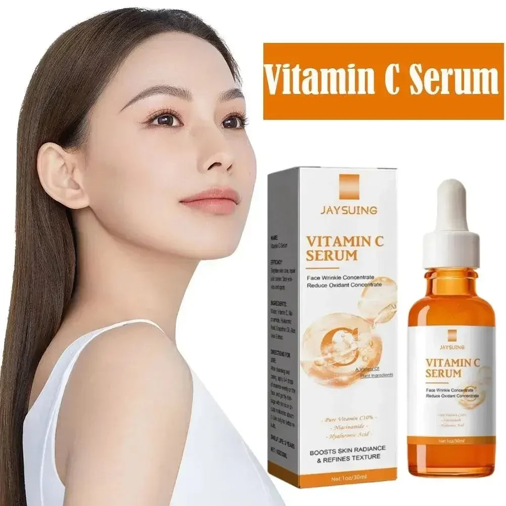 Close-up of woman with smooth skin and Jaysuing Vitamin C Serum bottle and box for skin radiance and wrinkle reduction