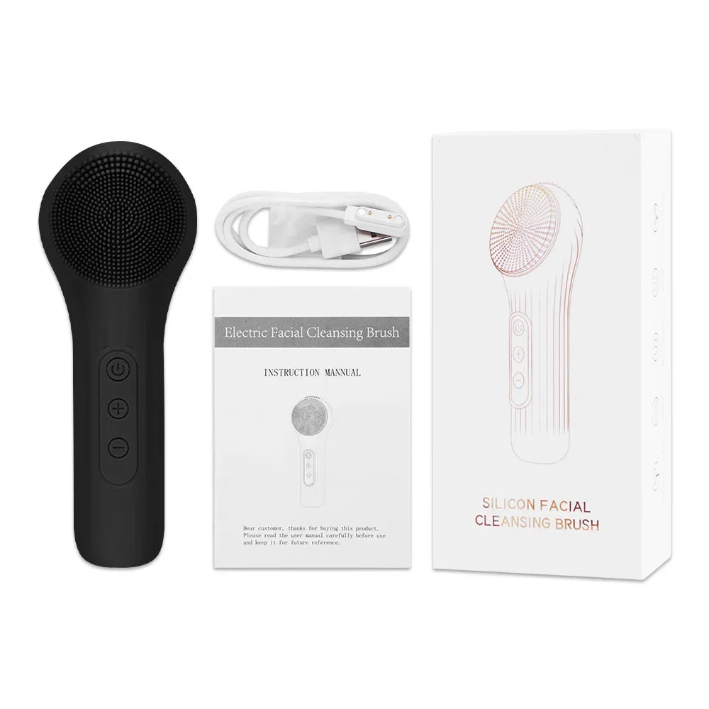 Black electric silicone facial cleansing brush with USB charging cable, instruction manual, and white packaging box