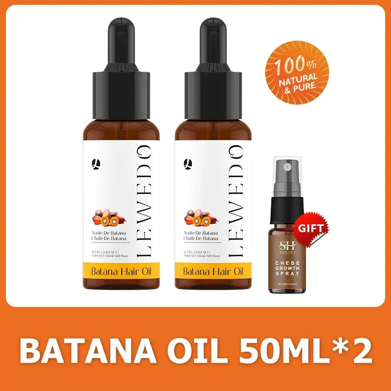 Two bottles of Lewedo Batana Hair Oil 50ml with a free Chebe Growth Spray gift, 100% natural and pure
