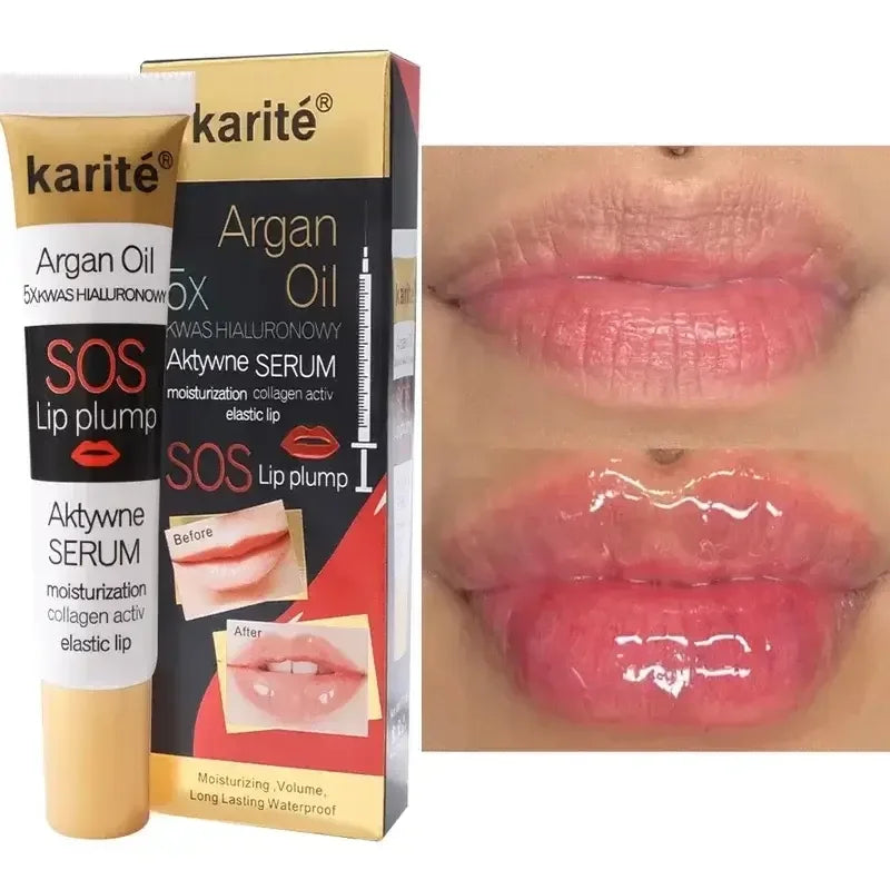 Karité Argan Oil SOS Lip Plump serum with before and after lips showing moisturized, plumper lips