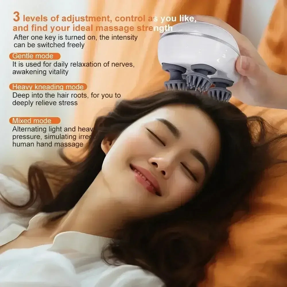 Woman enjoying scalp massage with handheld electric massager offering gentle, heavy kneading, and mixed modes