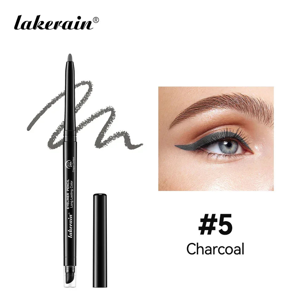 Lakerain charcoal eyeliner pencil with swatch and eye makeup showing winged eyeliner look
