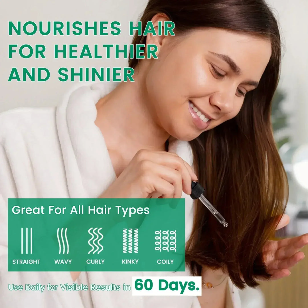 Woman applying hair oil with dropper, nourishing hair for healthier shine, suitable for all hair types