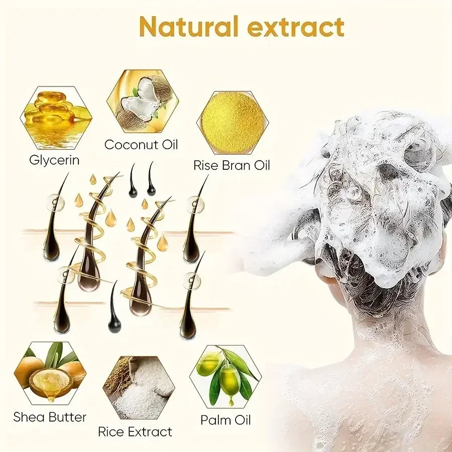 Natural extract ingredients including glycerin, coconut oil, rice bran oil, shea butter, rice extract, and palm oil for hair care