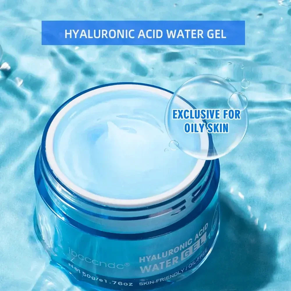 Blue jar of hyaluronic acid water gel on water surface, exclusive for oily skin