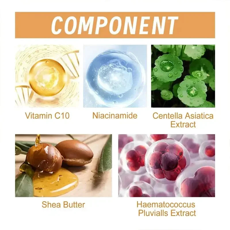 Skincare ingredients visual with Vitamin C10, Niacinamide, Centella Asiatica, Shea Butter, Haematococcus Pluvialis Extract