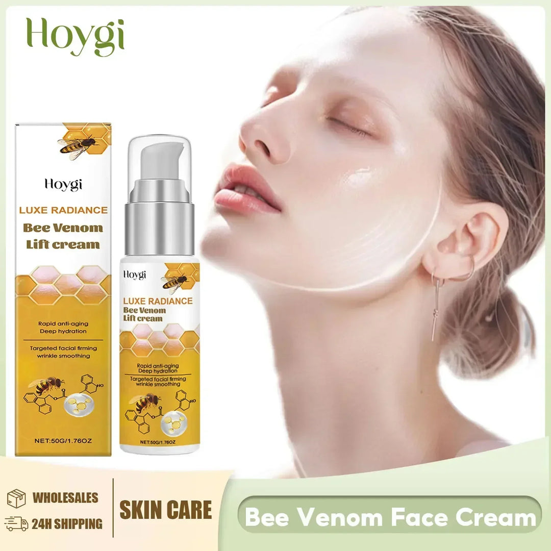 Hoygi Luxe Radiance Bee Venom Lift Cream bottle and box with glowing woman applying face cream