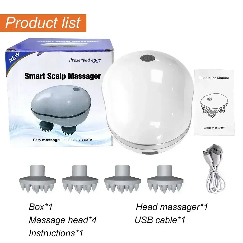 Smart Scalp Massager set with device, four massage heads, USB cable, instruction manual, and product box