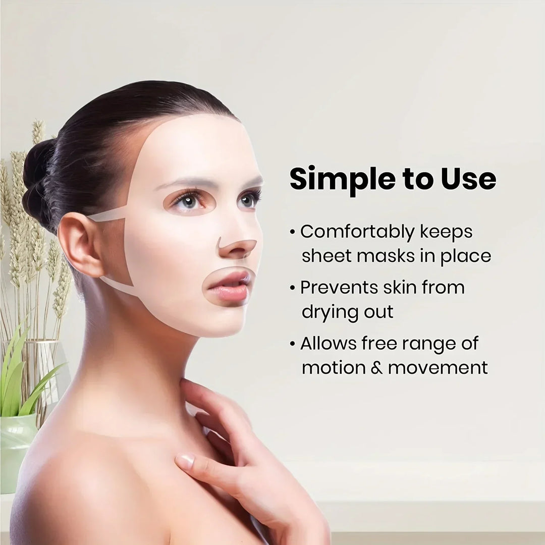 Woman wearing transparent sheet mask face holder showcasing simple skincare use benefits