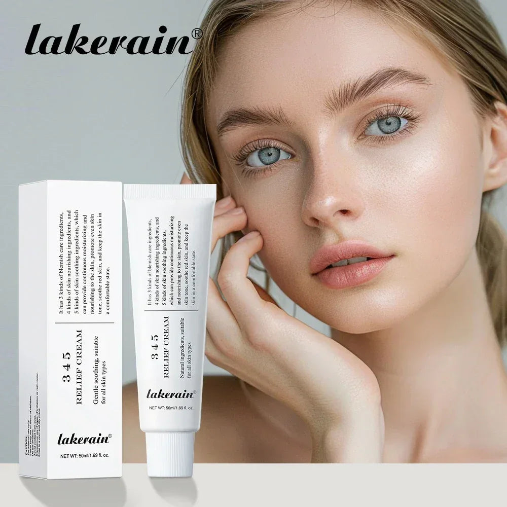 Close-up of woman with clear skin holding Lakerain 345 Relief Cream skincare product