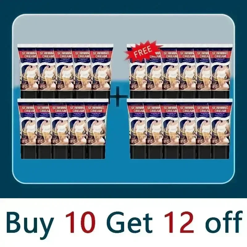 Slimming cream tubes displayed in a buy 10 get 12 free promotional offer on blue background