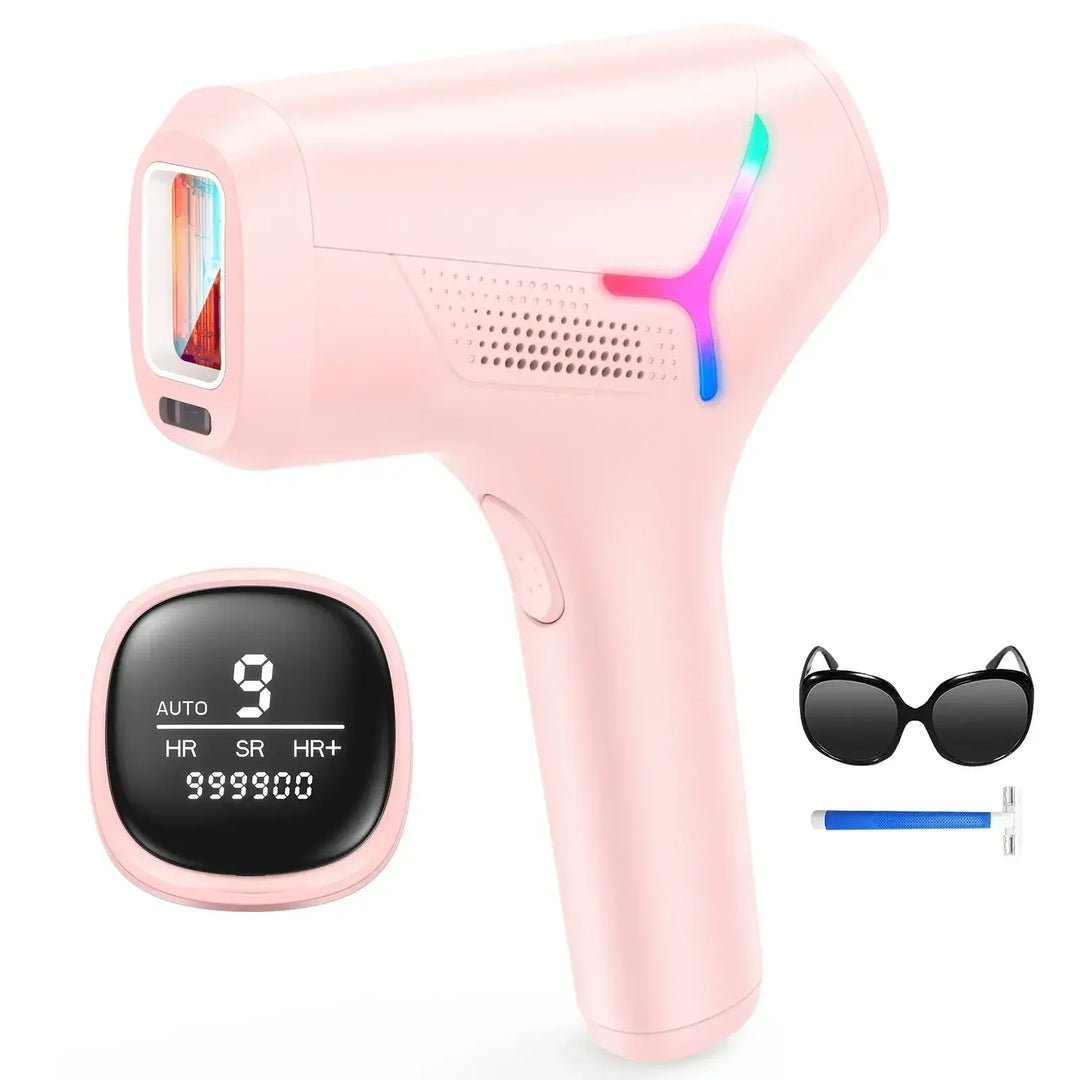 Pink handheld IPL hair removal device with LCD screen, cat-eye safety glasses, and blue razor