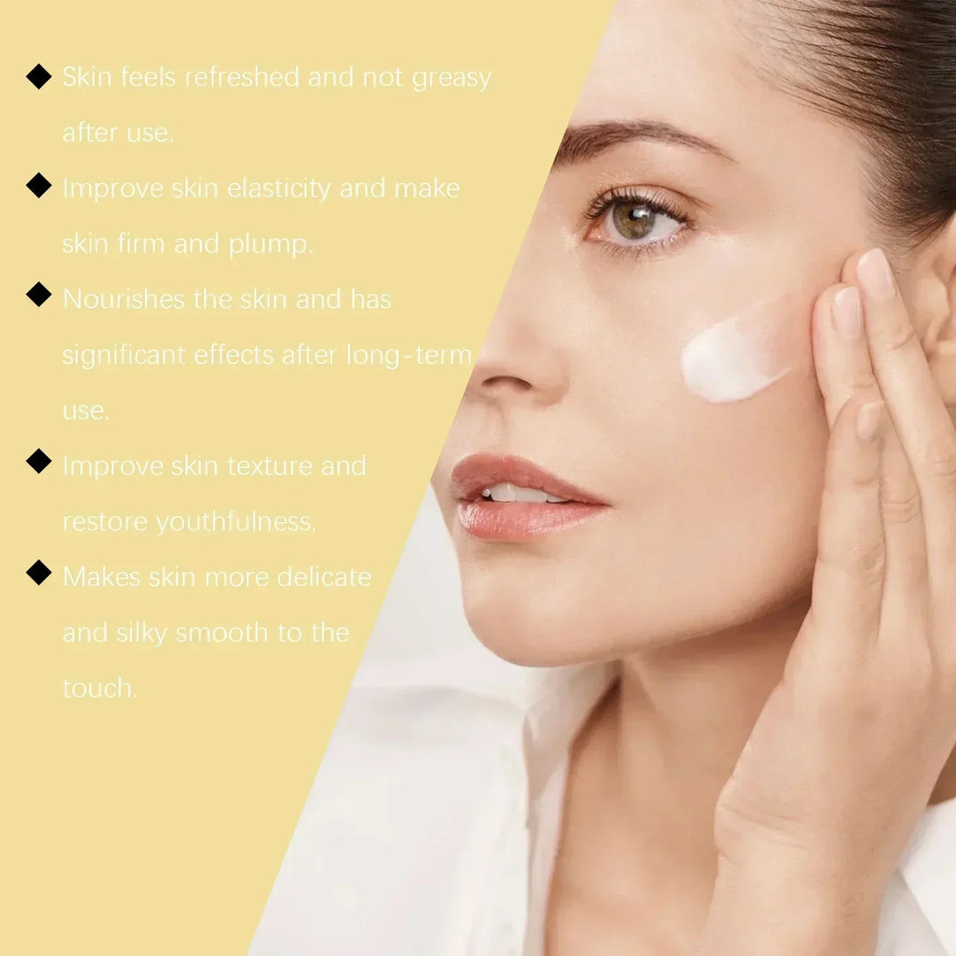 Woman applying moisturizing cream on cheek with skincare benefits text on yellow background