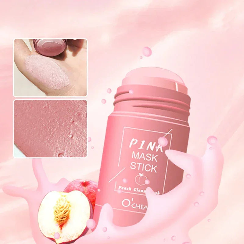 Pink Mask Stick peach cleansing stick with creamy texture and peach fruit on pink background