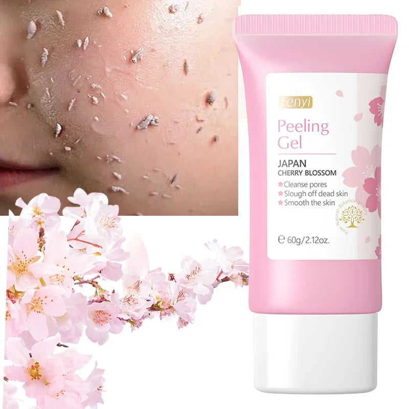 Fenyi Japan Cherry Blossom peeling gel in pink tube with close-up of dead skin peeling off face