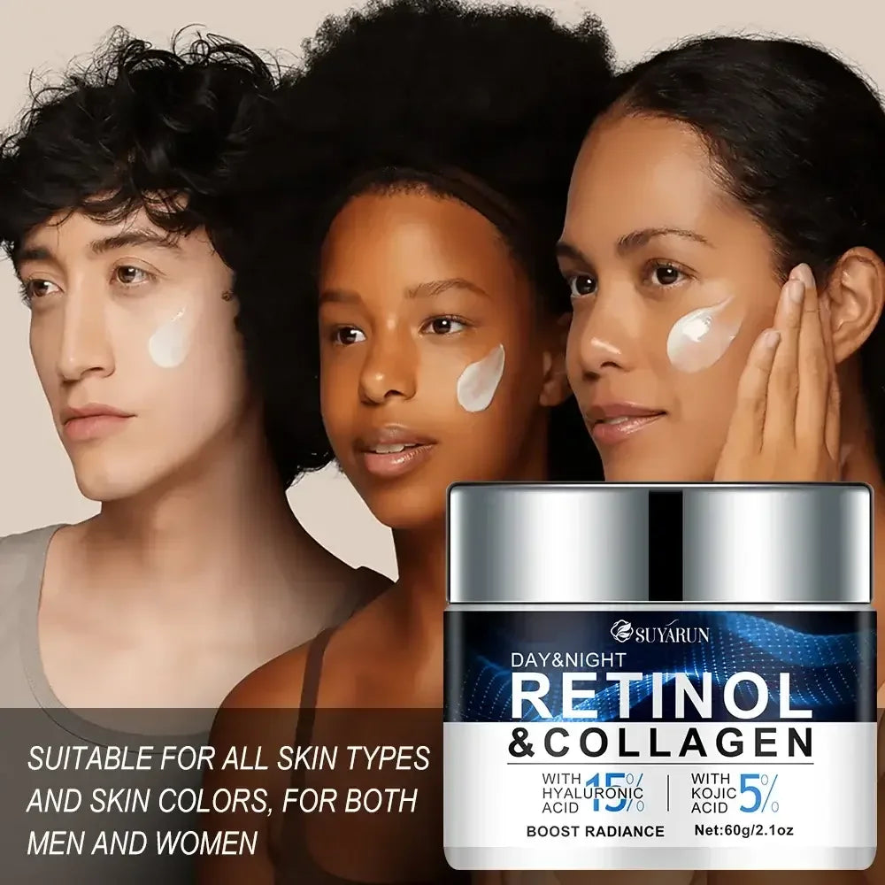 Diverse models applying cream on cheeks showcasing retinol and collagen skincare suitable for all skin types