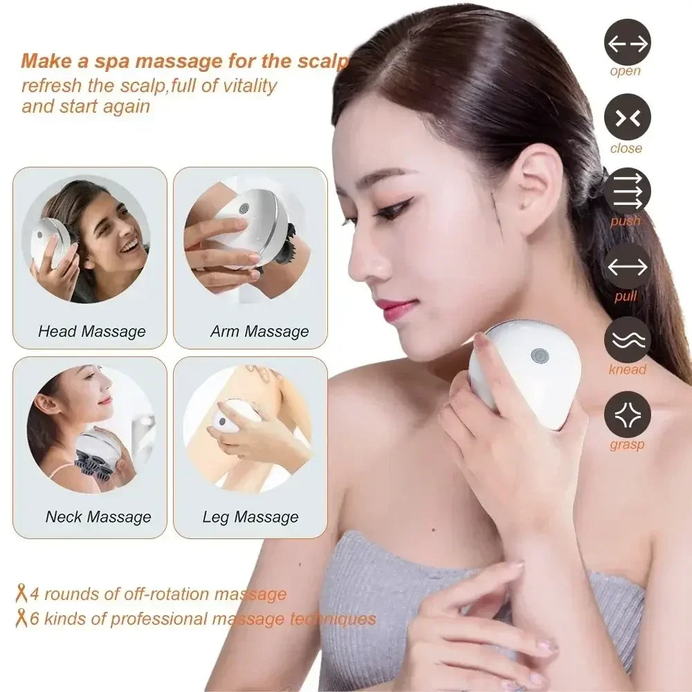 Woman using a white handheld electric massager on neck, showing head, arm, neck, and leg massage functions