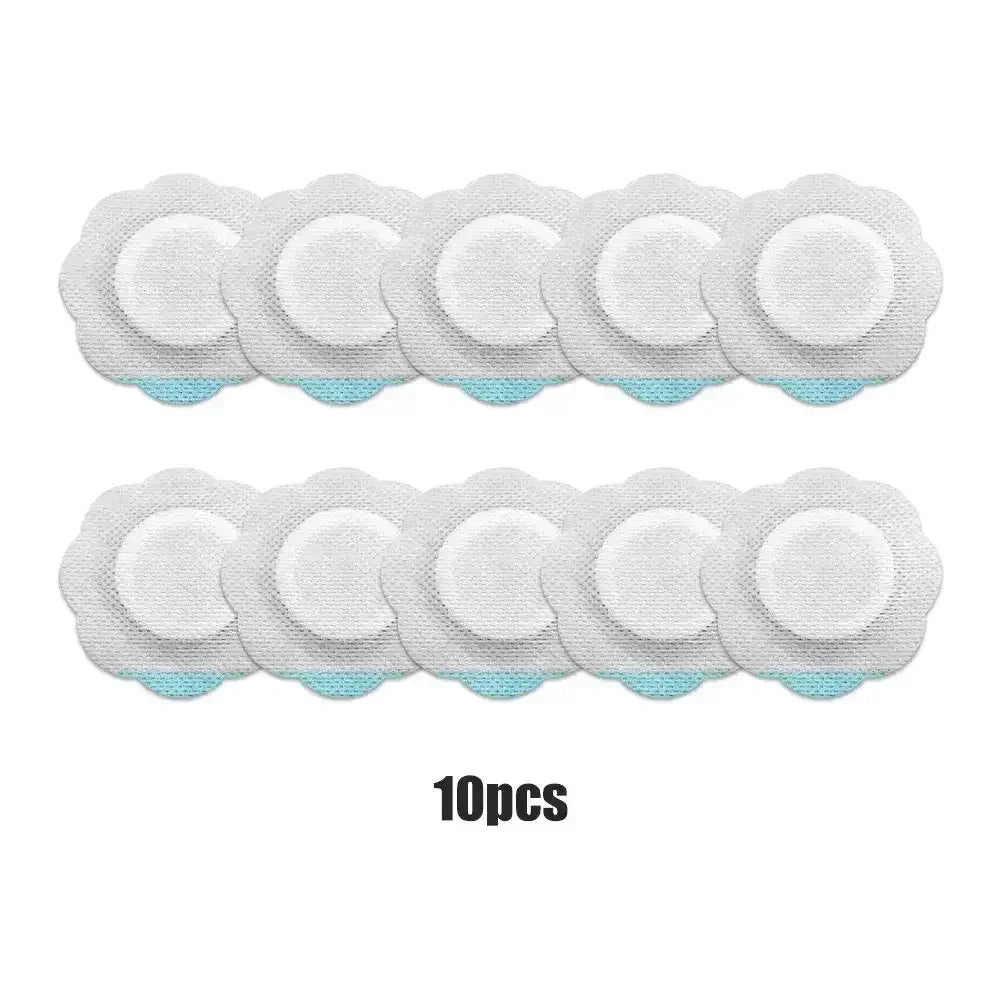 Set of 10 white round adhesive patches with blue tabs arranged in two rows on white background