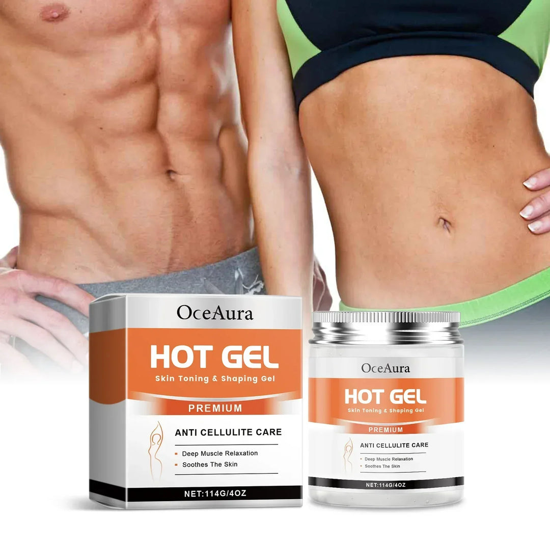 OceAura Hot Gel anti cellulite care with fit male and female torsos showing toned abs