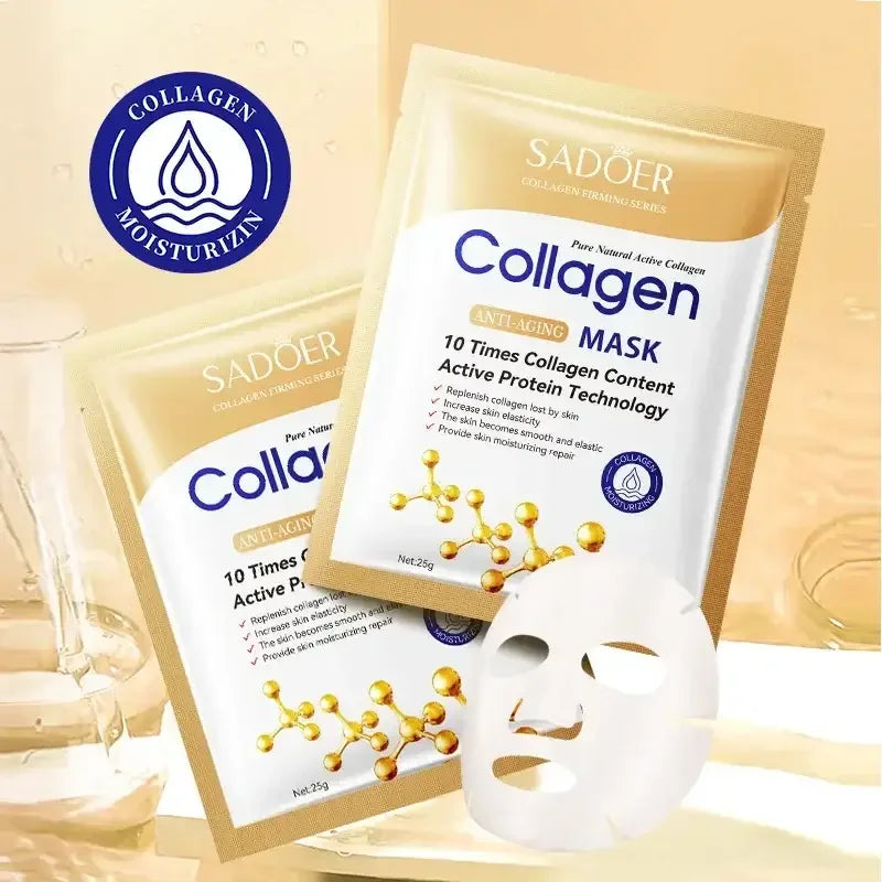 Sadoer Collagen anti-aging face mask packets with collagen moisturizing icon and white facial sheet mask