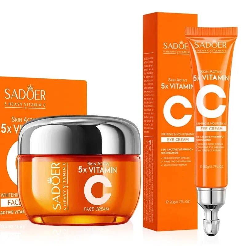 Sadoer 5x Vitamin C skin active face cream and eye cream with bright orange packaging