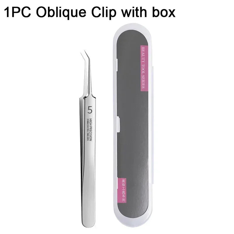 High precision oblique stainless steel tweezers with protective gray case from beauty tool series